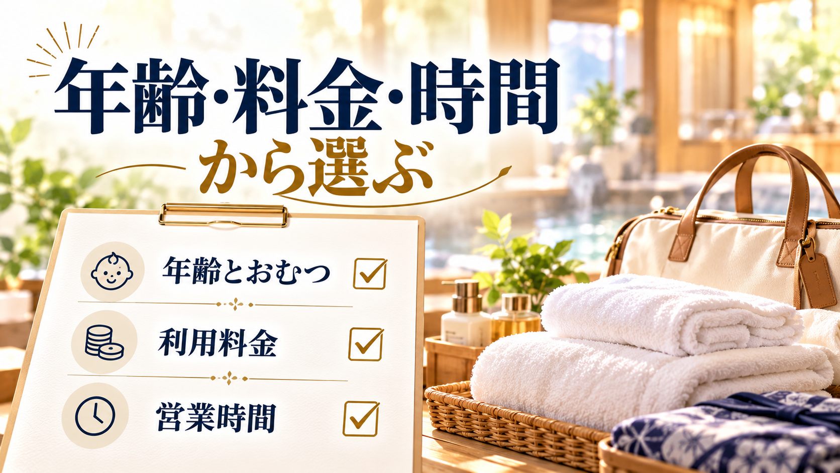 年齢・料金・時間から選ぶについて、年齢とおむつ・利用料金・営業時間を旅行用品やイラストで整理した図