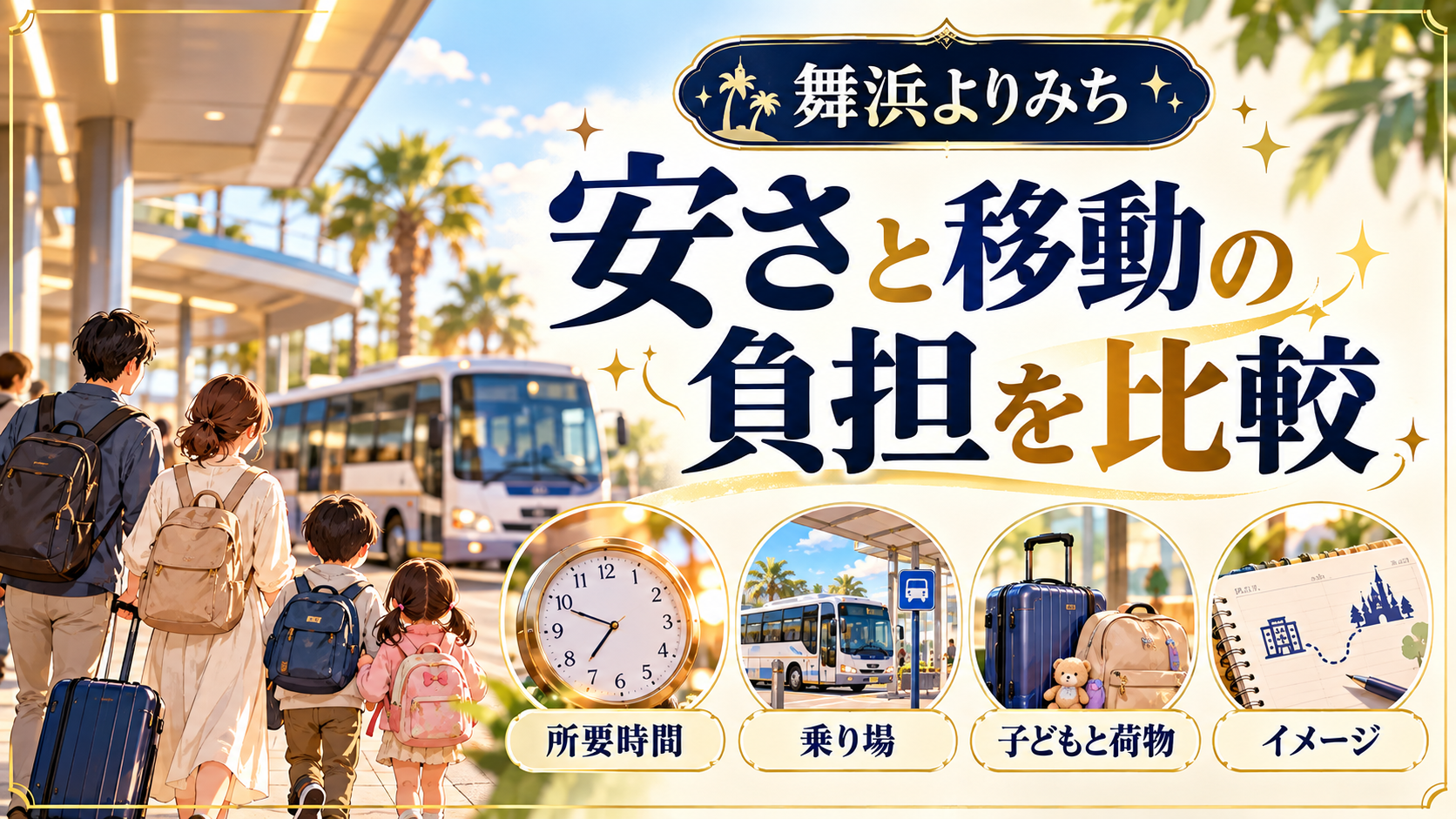 安さと移動の負担を比較について、所要時間・乗り場・子どもと荷物を整理した図解