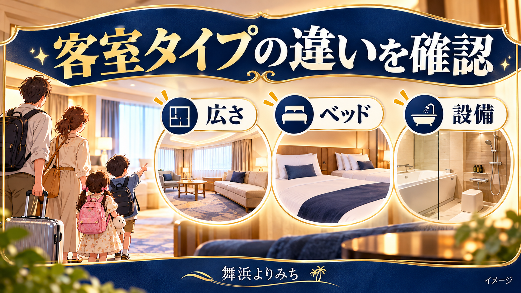 客室タイプの違いを確認について、広さ・ベッド・設備を示す図解