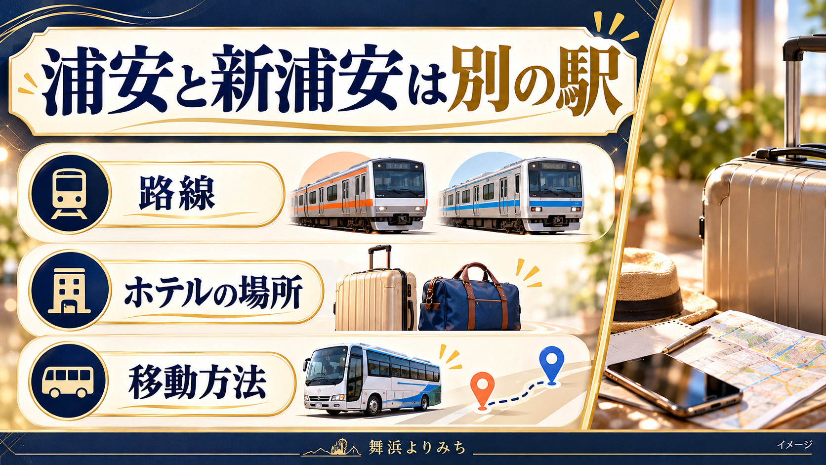 浦安と新浦安は別の駅について、路線・ホテルの場所・移動方法を示す図解