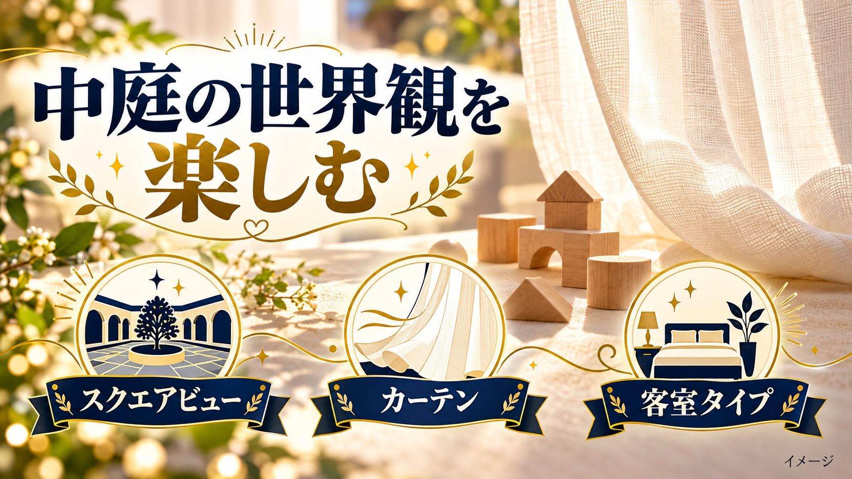 スクエアビューの中庭とカーテン、客室タイプの確認項目を示すイメージ