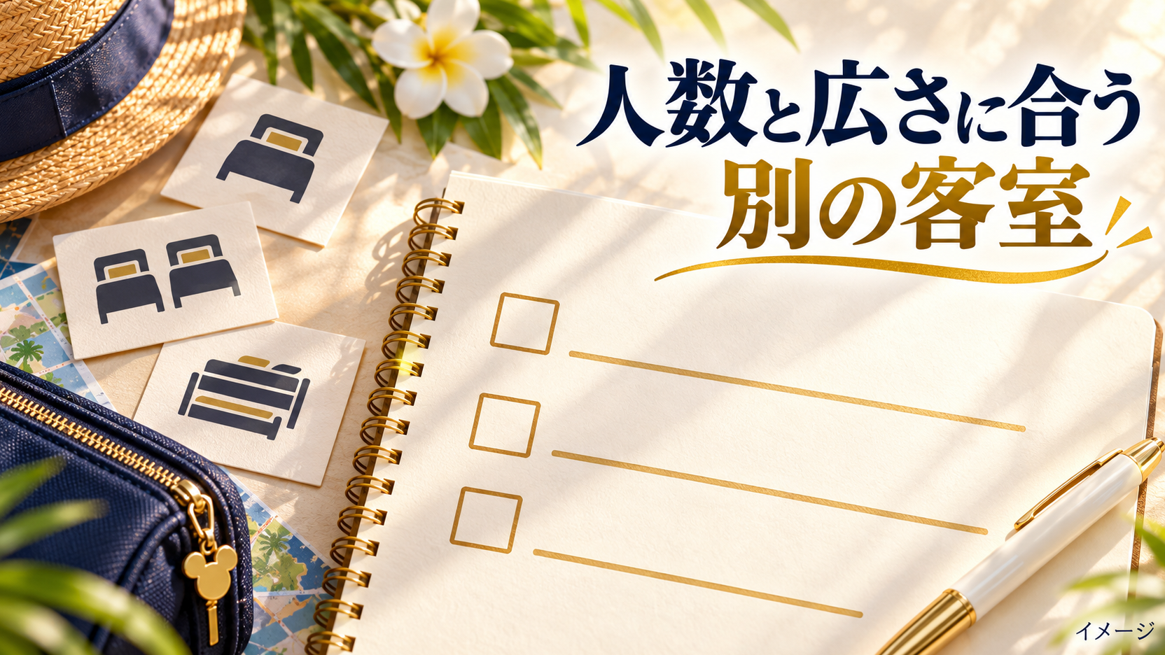 チェック欄のあるノートとベッドの記号と旅行用ポーチで事前の確認項目を整理するイメージ
