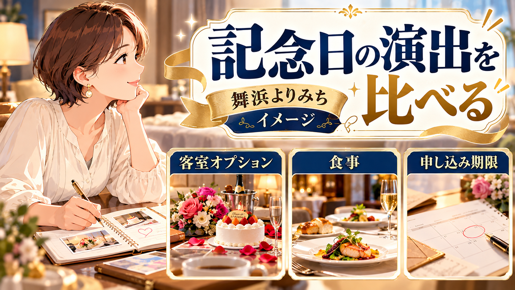記念日の演出を比べるについて、客室オプション・食事・申し込み期限を整理した図解