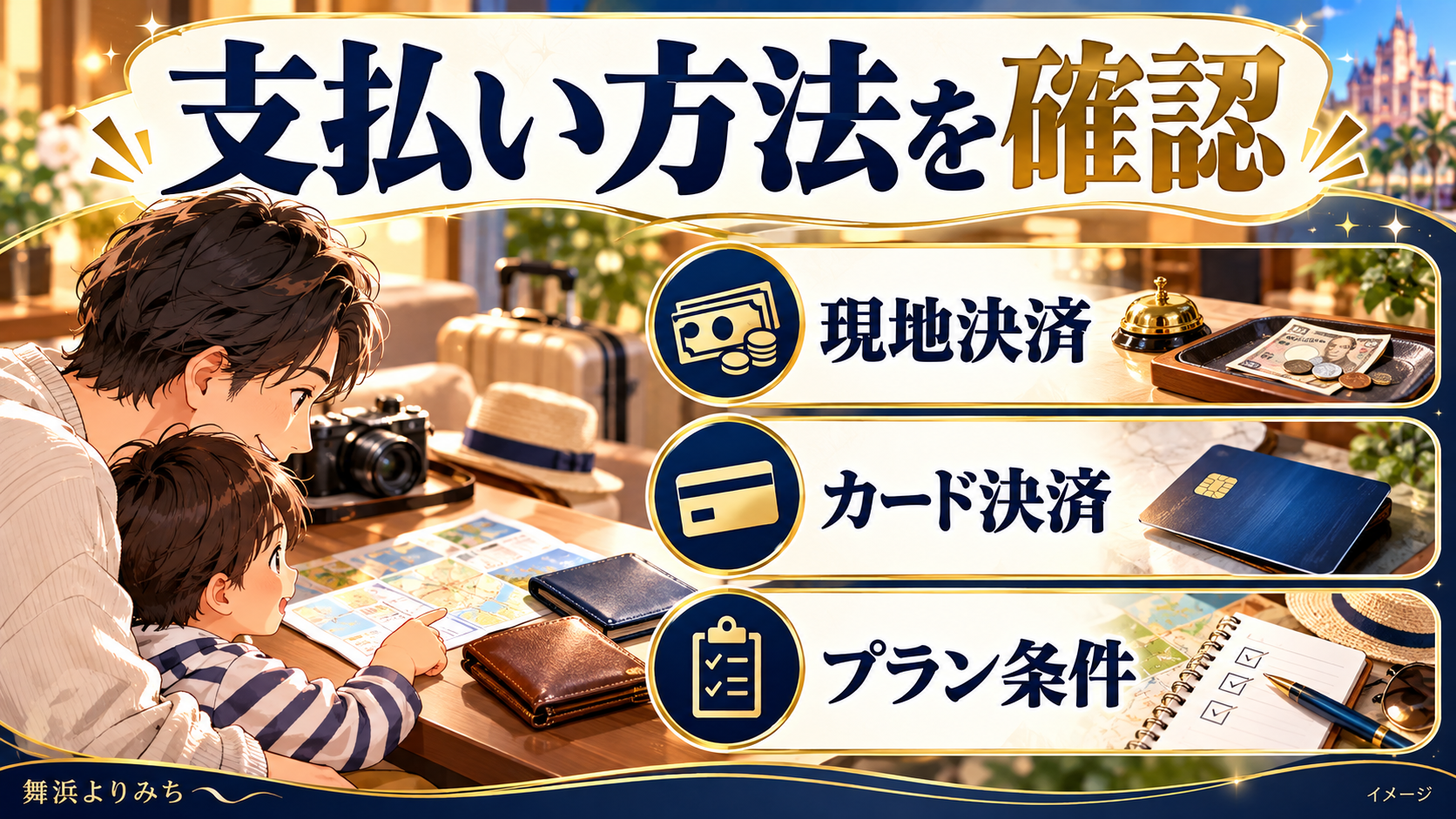 支払い方法を確認について、現地決済・カード決済・プラン条件を示す図解