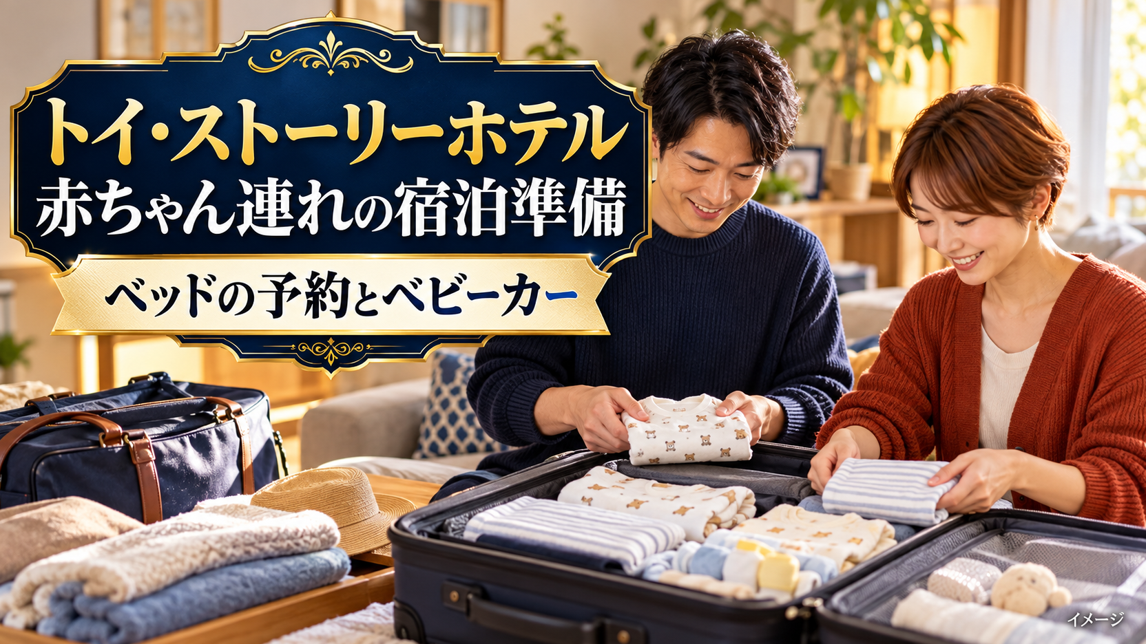 旅行バッグに赤ちゃんの衣類をまとめて宿泊の準備をする両親
