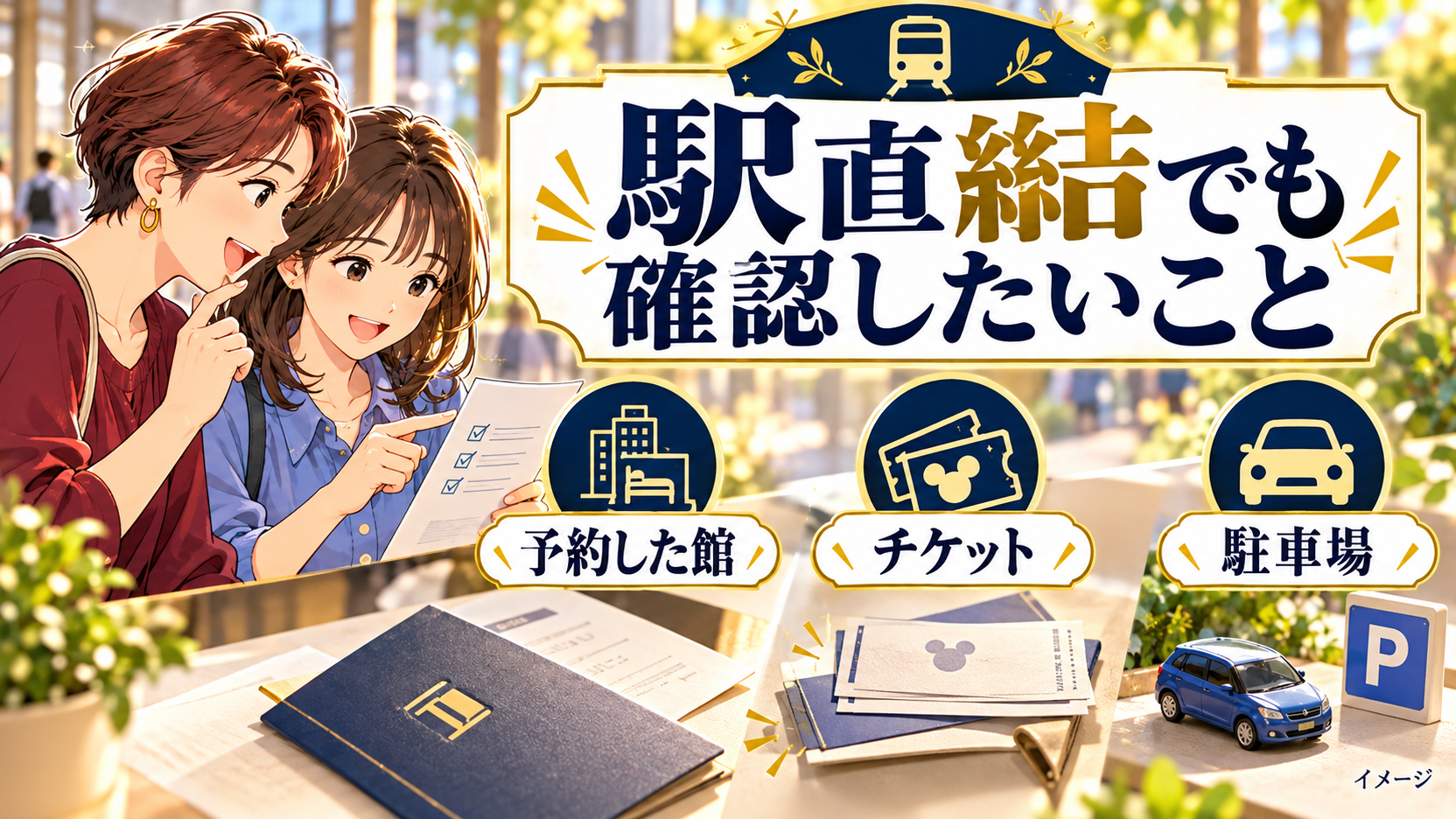 予約した館とチケット、駐車場について確認する母娘