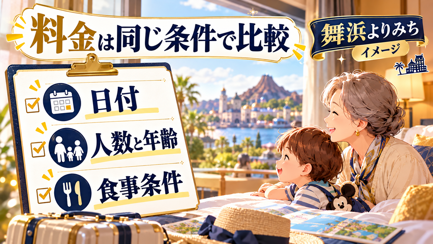 料金は同じ条件で比較について、日付・人数と年齢・食事条件を整理した図解