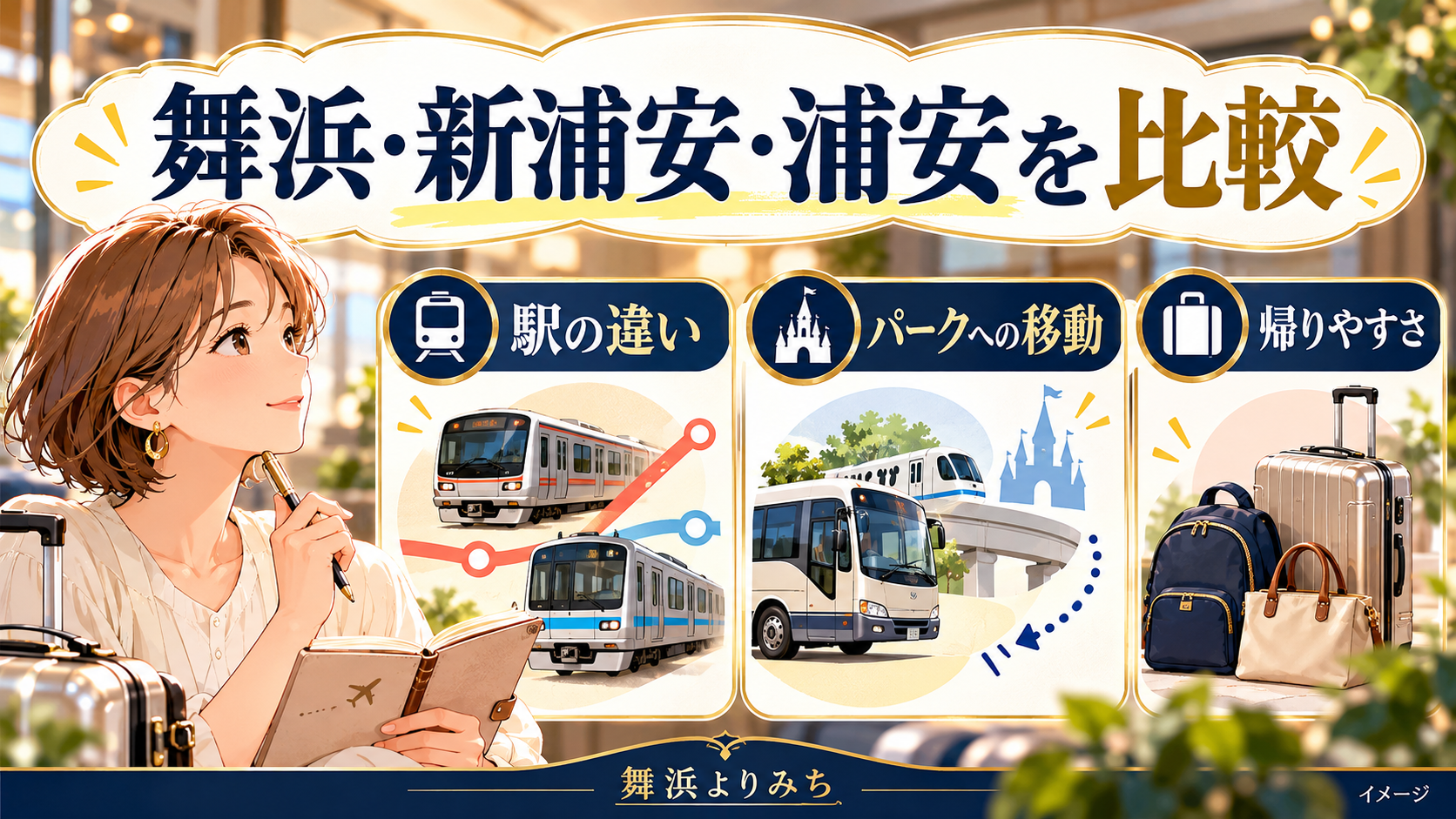 舞浜・新浦安・浦安を比較について、駅の違い・パークへの移動・帰りやすさを示す図解