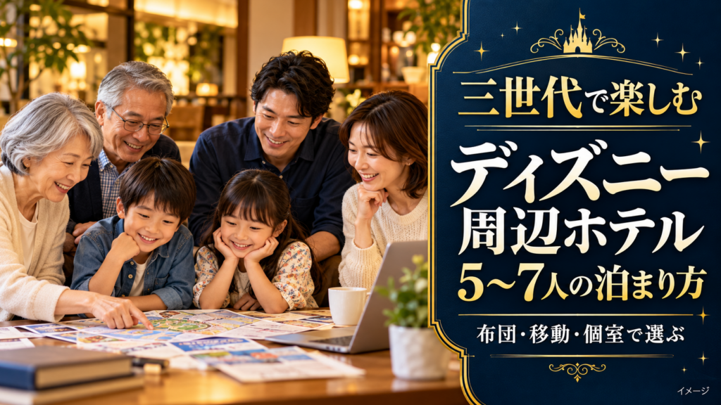 祖父母、両親、子ども2人が旅行の資料を囲み、三世代の泊まり方を相談するイメージ。