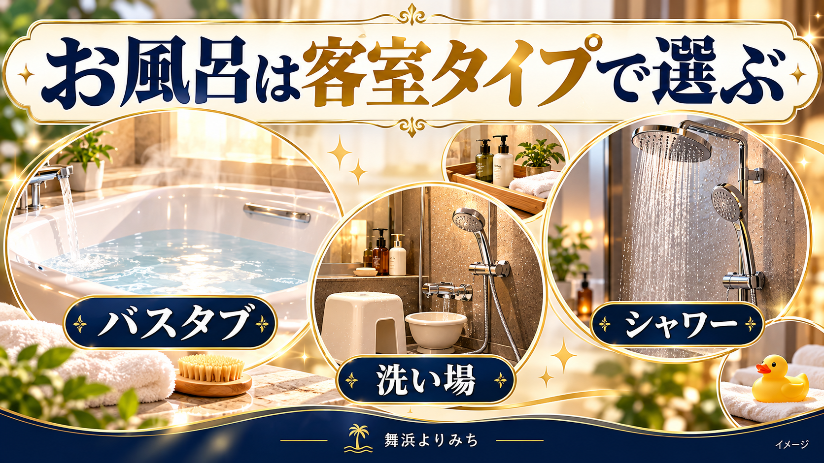 お風呂は客室タイプで選ぶについて、バスタブ・洗い場・シャワーを示す図解