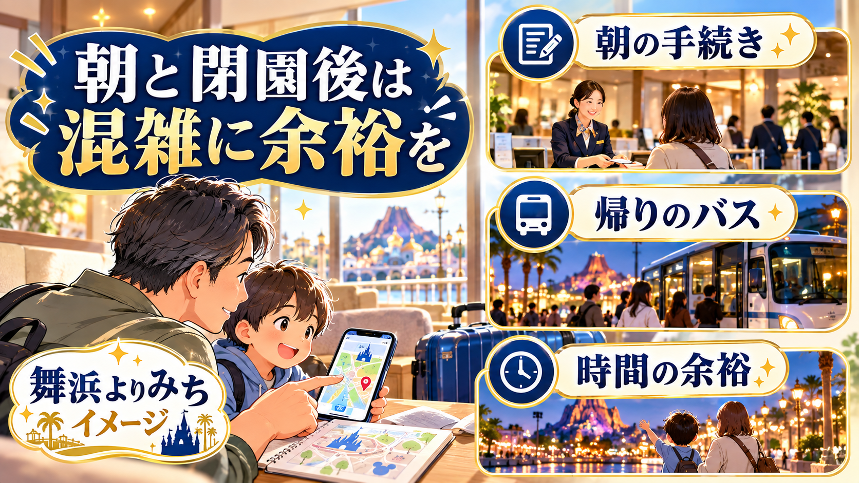 朝と閉園後は混雑に余裕をについて、朝の手続き・帰りのバス・時間の余裕を整理した図解