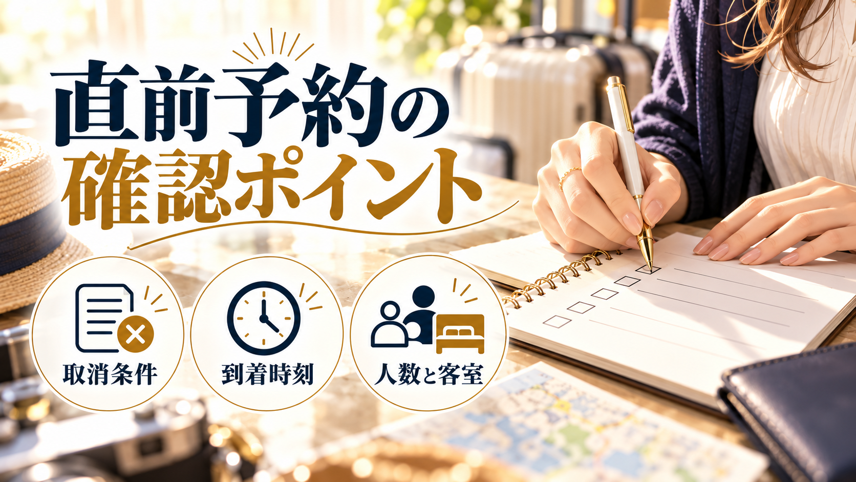 直前予約の確認ポイントについて、取消条件・到着時刻・人数と客室を旅行用品やイラストで整理した図