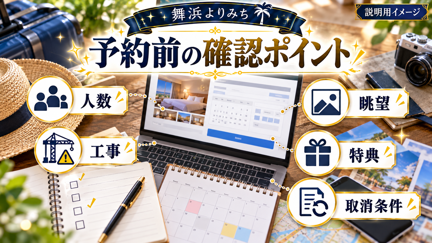 予約画面とカレンダーを囲む人数、眺望、工事、特典、取消条件の確認項目