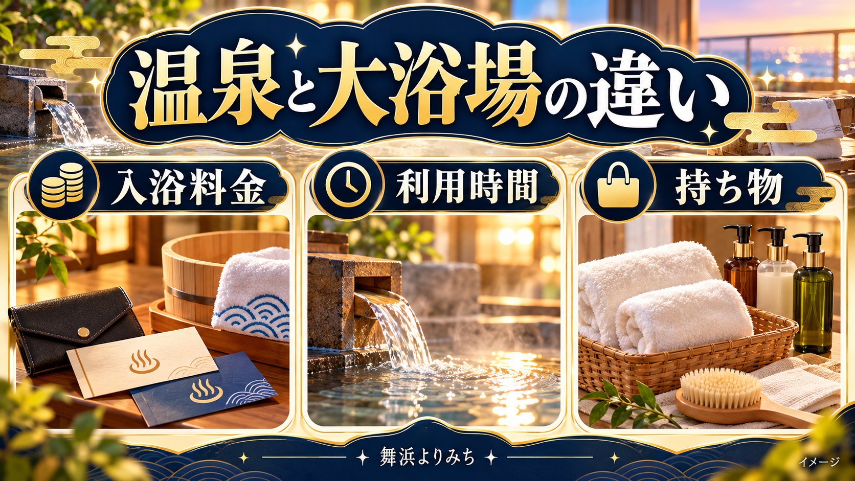 温泉と大浴場の違いについて、入浴料金・利用時間・持ち物を示す図解