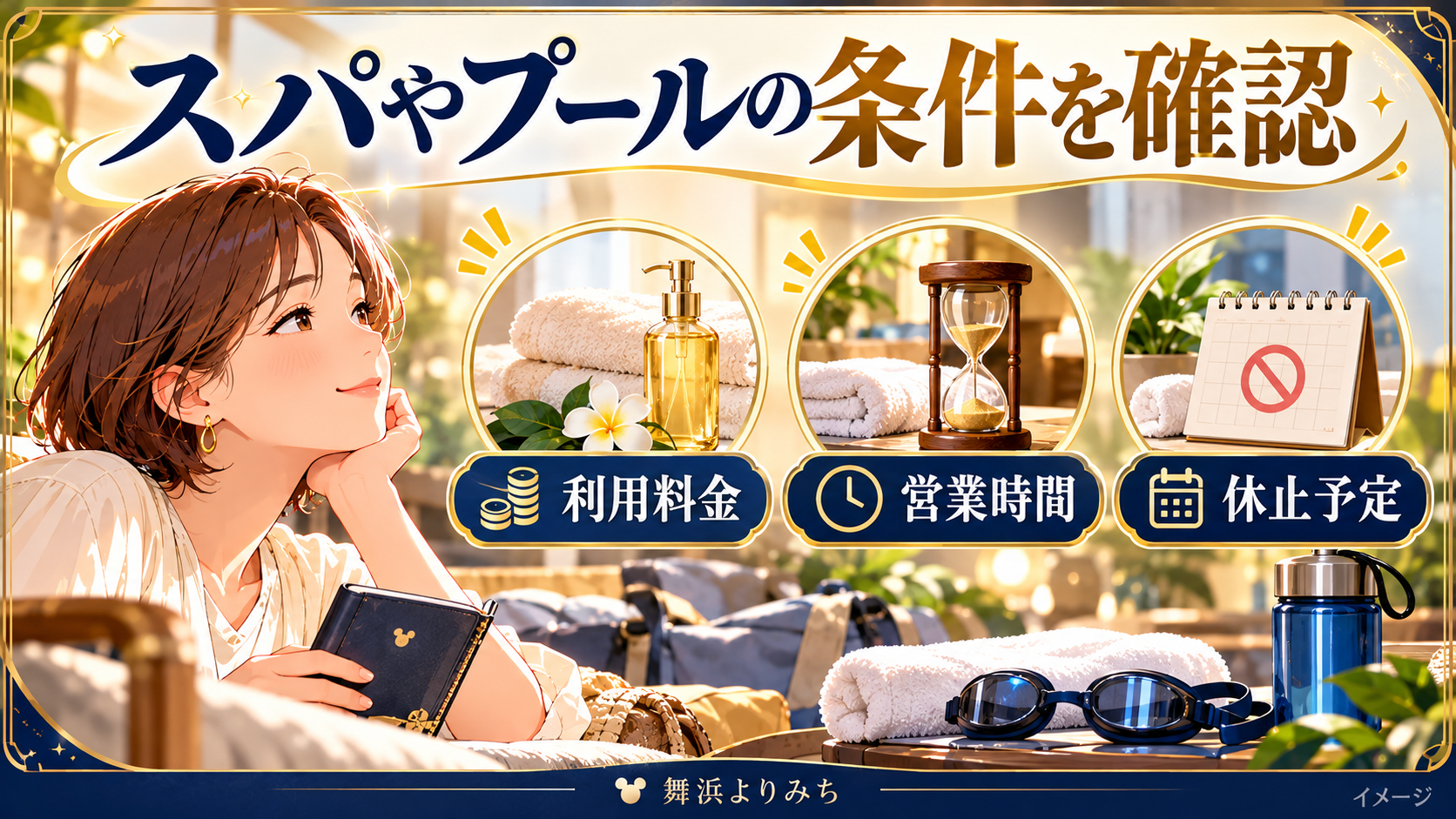 スパやプールの条件を確認について、利用料金・営業時間・休止予定を示す図解