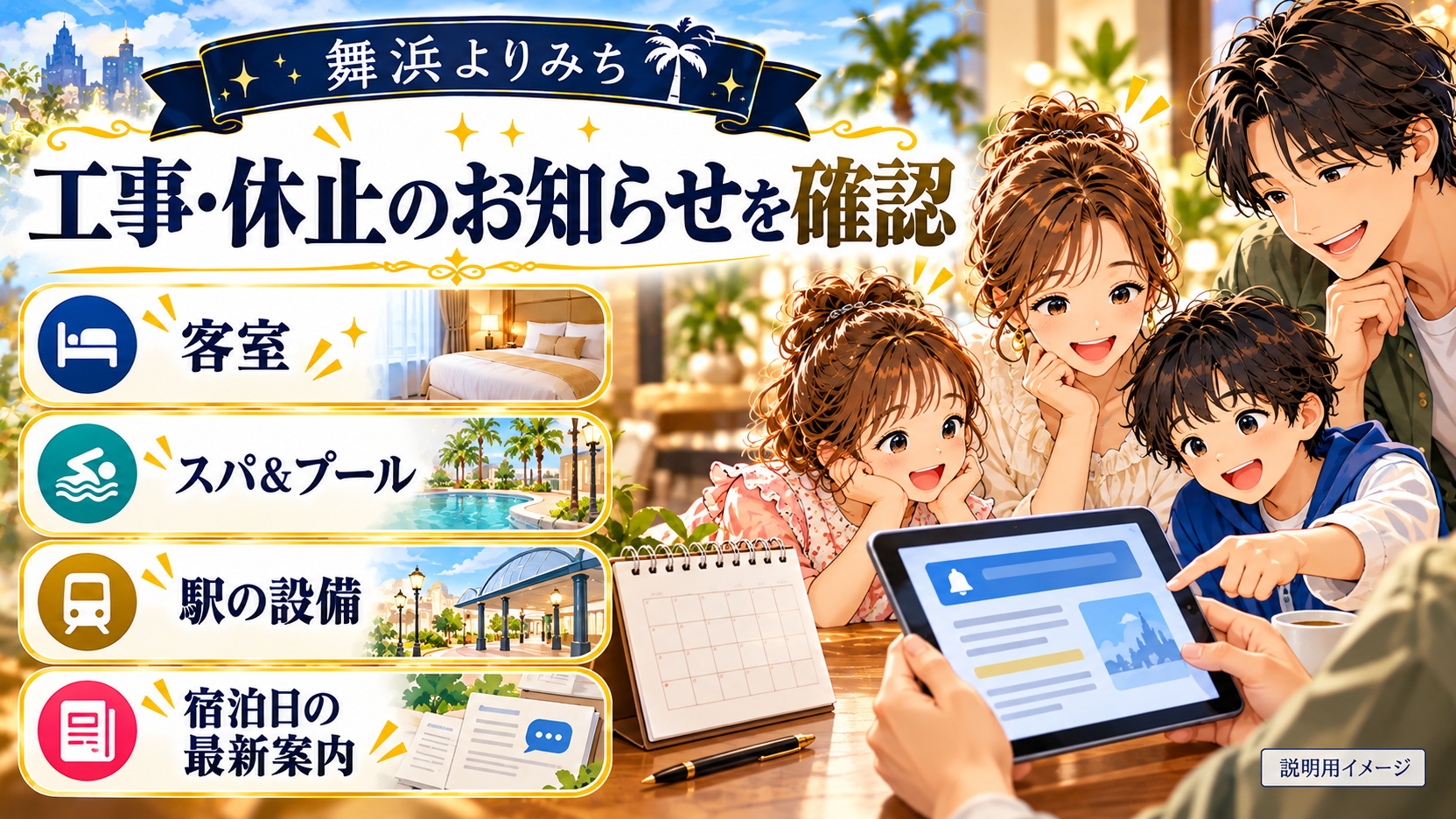タブレットとカレンダーを囲む家族と、客室、スパやプール、駅設備の最新案内を確認する項目