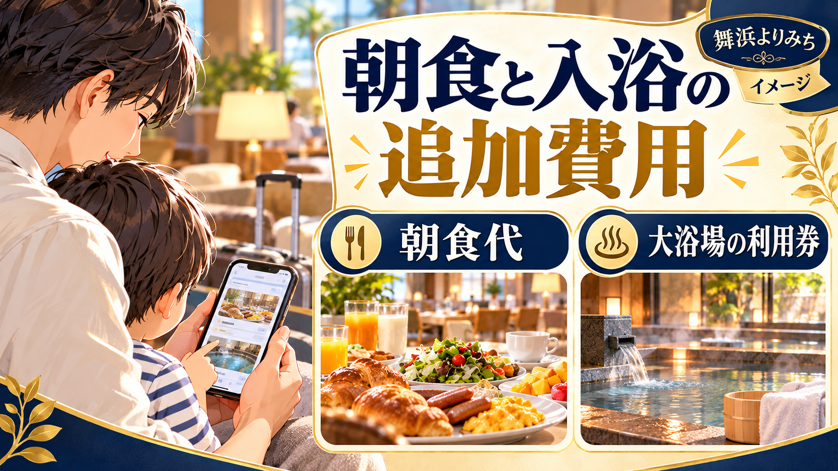 朝食と入浴の追加費用について、子どもの年齢・朝食代・大浴場の利用券を整理した図解