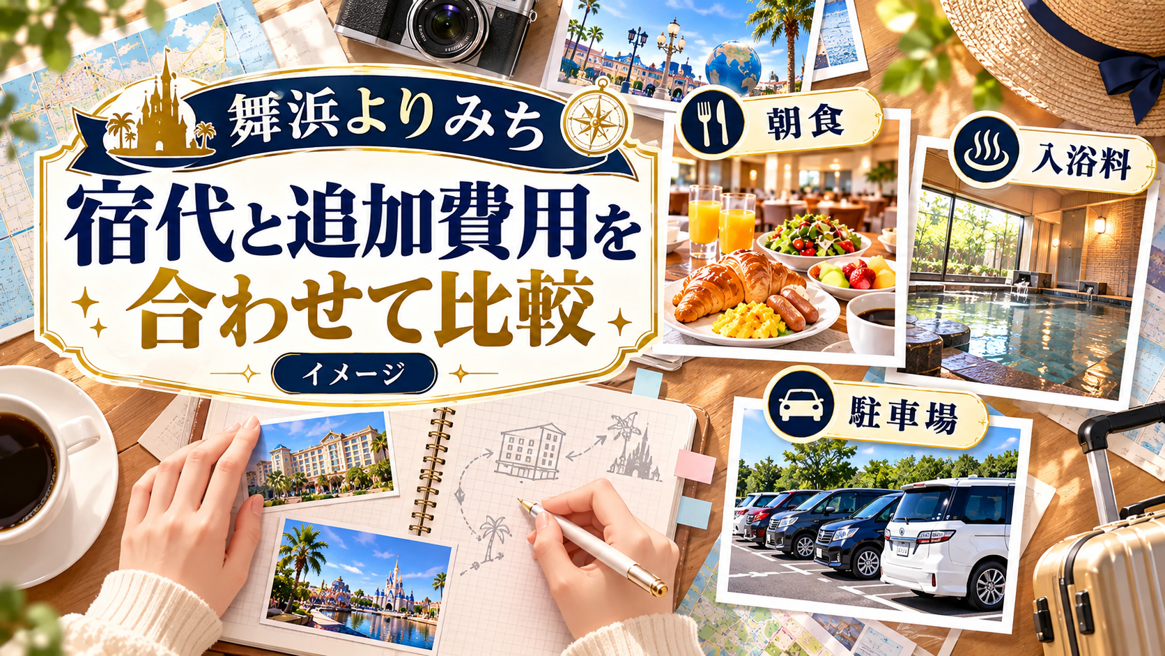 宿代と追加費用を合わせて比較について、朝食・入浴料・駐車場を整理した図解