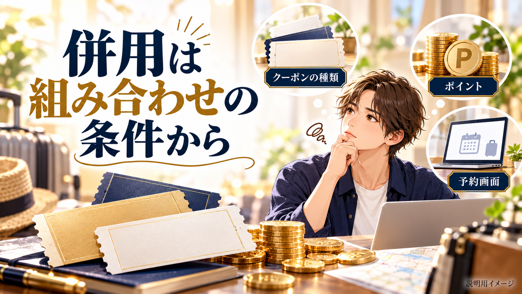 併用は組み合わせの条件からについて、クーポンの種類・ポイント・予約画面を旅行用品やイラストで整理した図