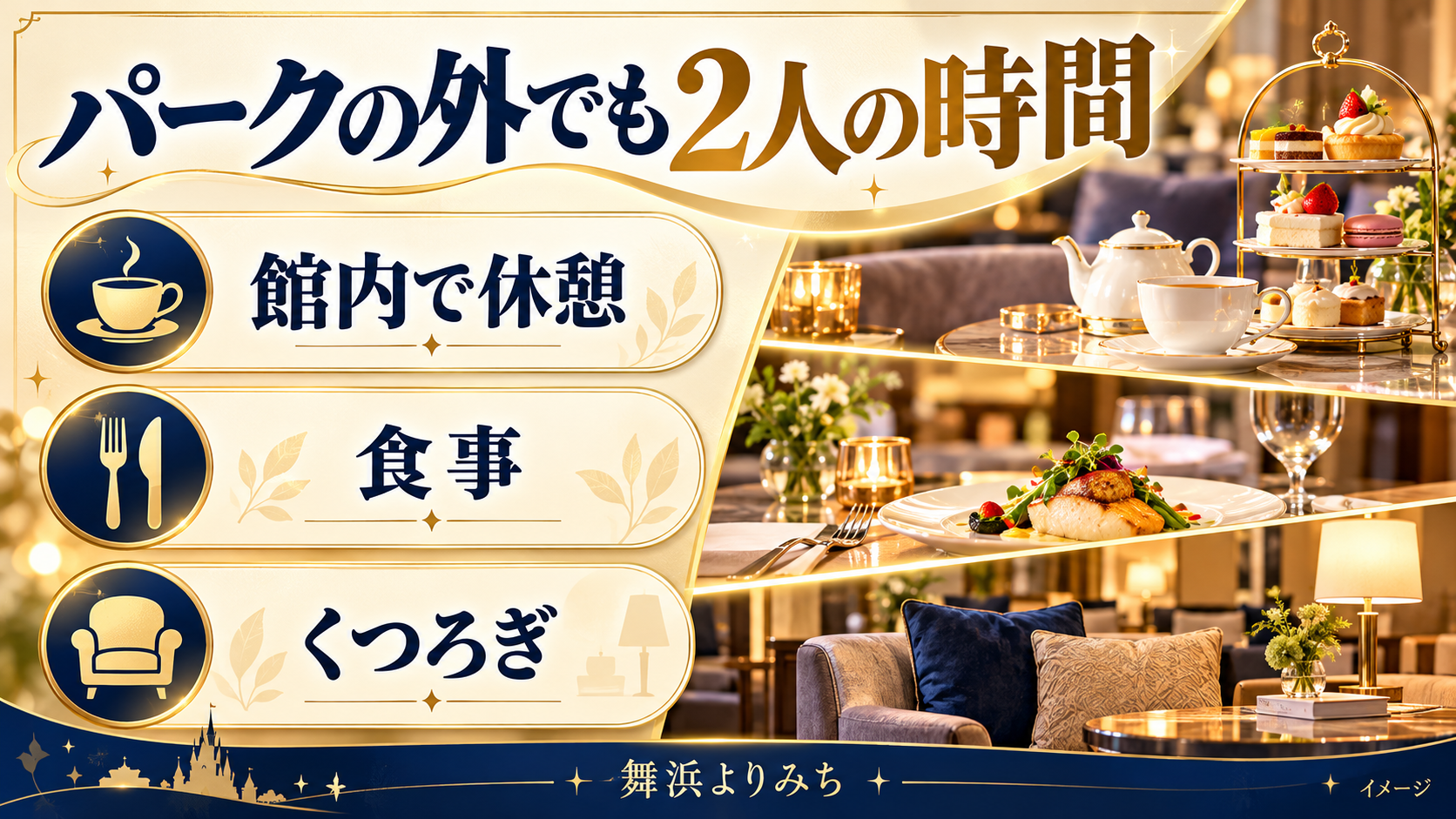 パークの外でも2人の時間について、館内で休憩・食事・くつろぎを示す図解