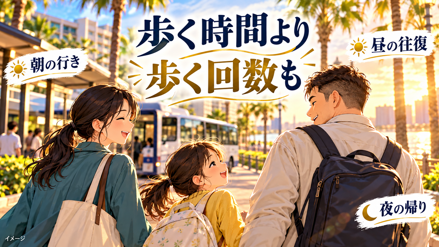 帰り道を歩く親子と、朝、昼の往復、夜の帰りの歩く回数を示した図解。
