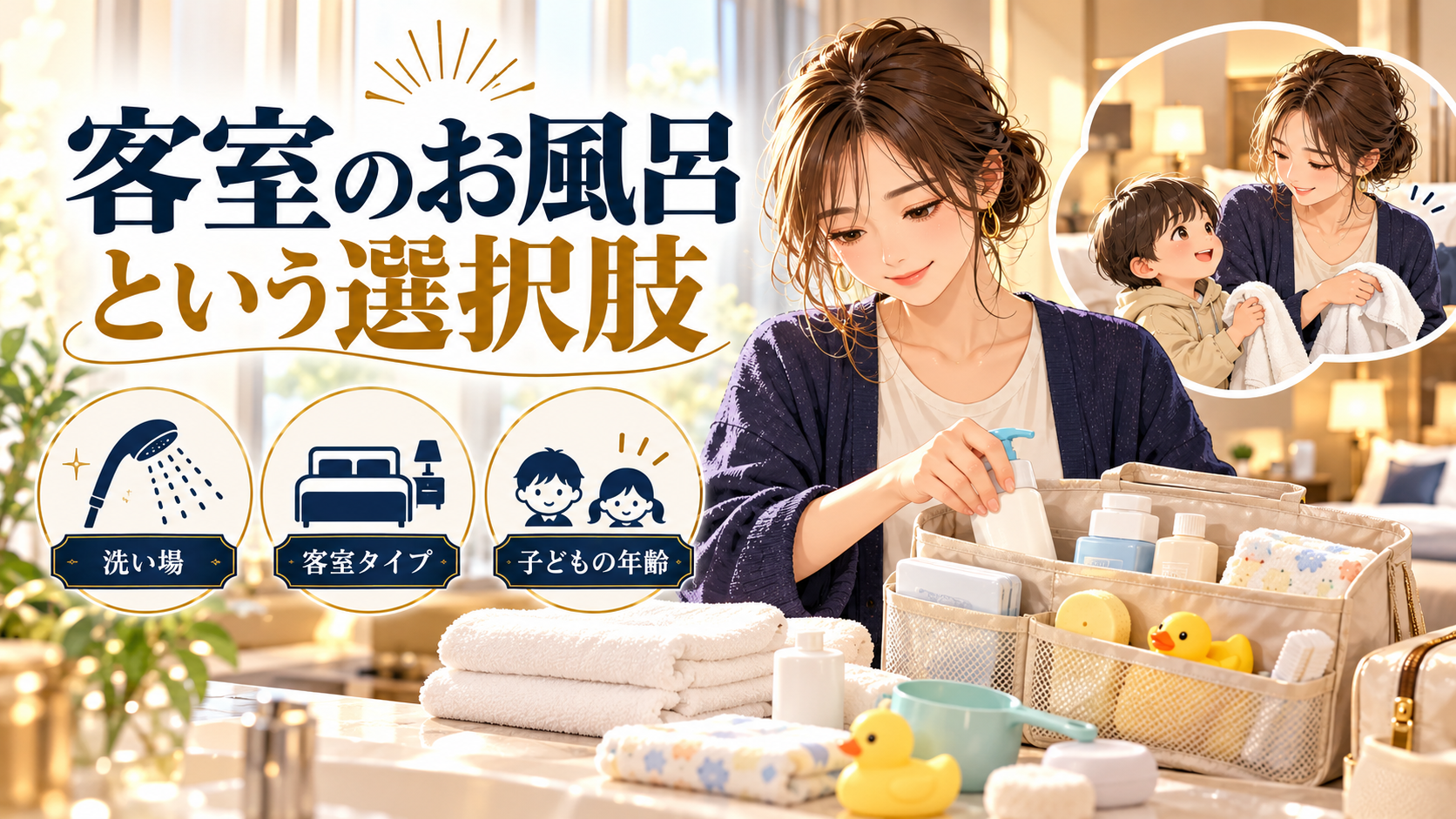 客室のお風呂という選択肢について、洗い場・客室タイプ・子どもの年齢を旅行用品やイラストで整理した図