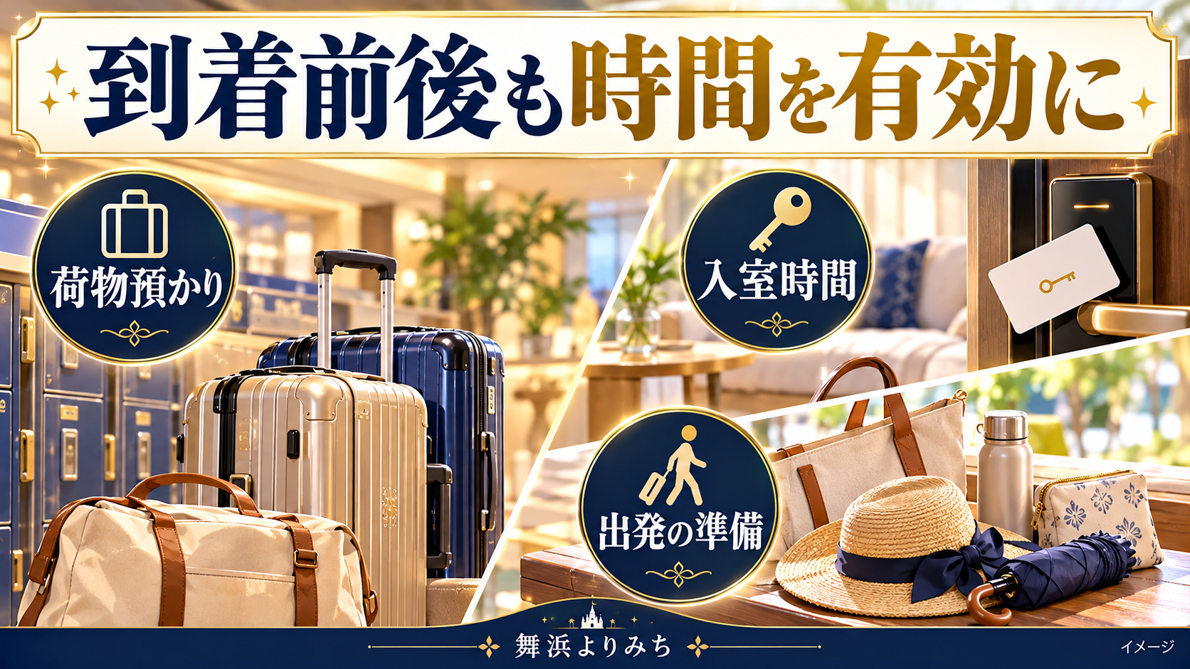 到着前後も時間を有効にについて、荷物預かり・入室時間・出発の準備を示す図解