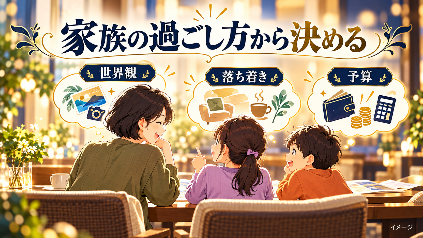 世界観、落ち着き、予算をもとにビューを相談する家族