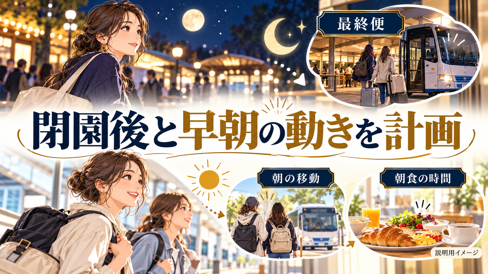 閉園後と早朝の動きを計画について、最終便・朝の移動・朝食の時間を旅行用品やイラストで整理した図