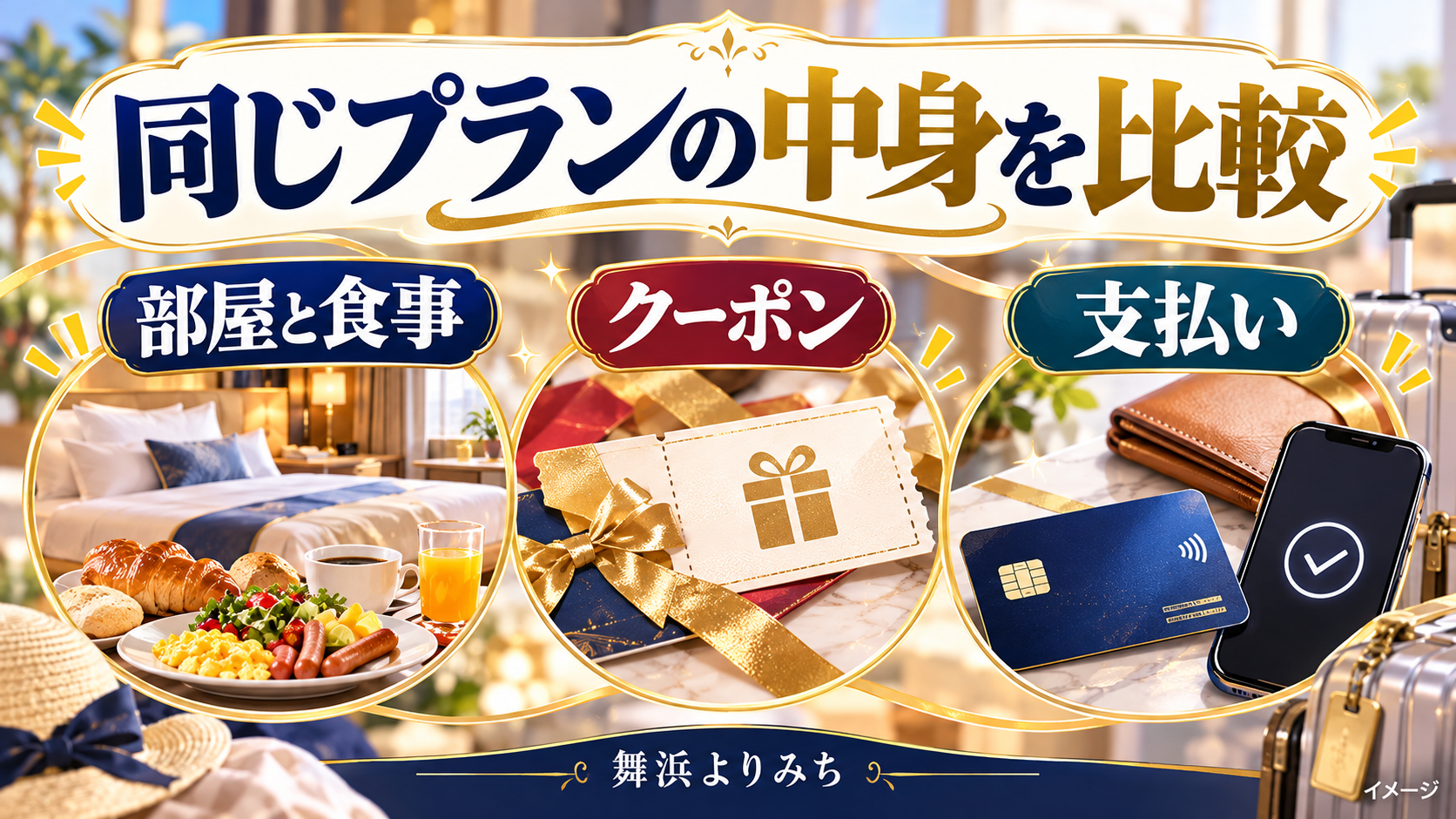 同じプランの中身を比較について、部屋と食事・クーポン・支払いを示す図解