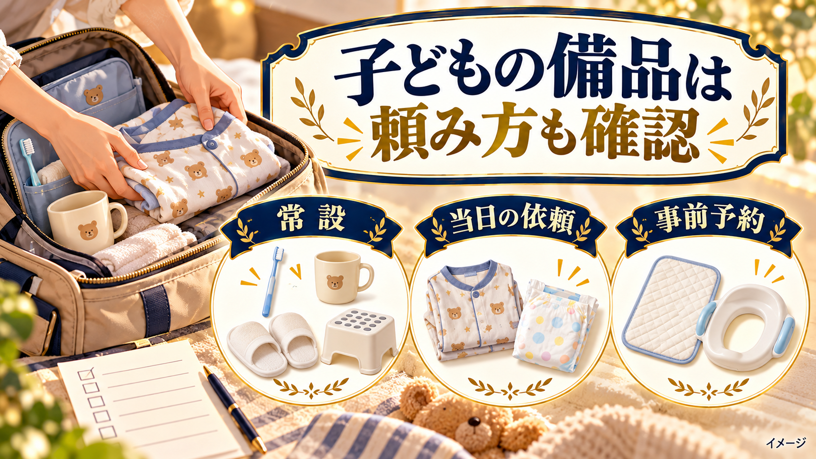 子どもの備品を常設、当日の依頼、事前予約に分けて準備する手元