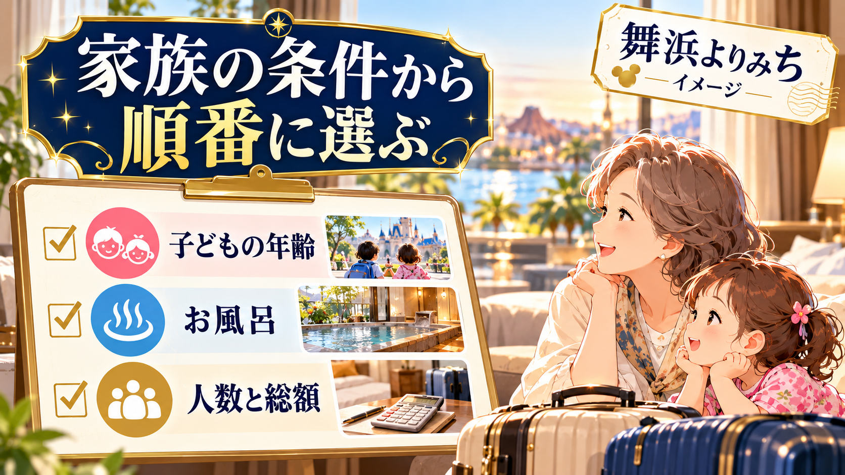 家族の条件から順番に選ぶについて、子どもの年齢・お風呂・人数と総額を整理した図解