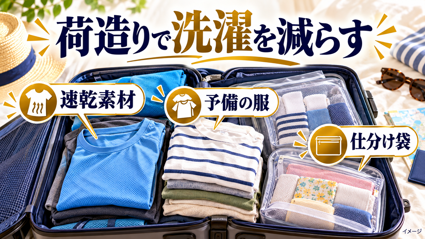 速乾素材と予備の服、仕分け袋を入れたスーツケース