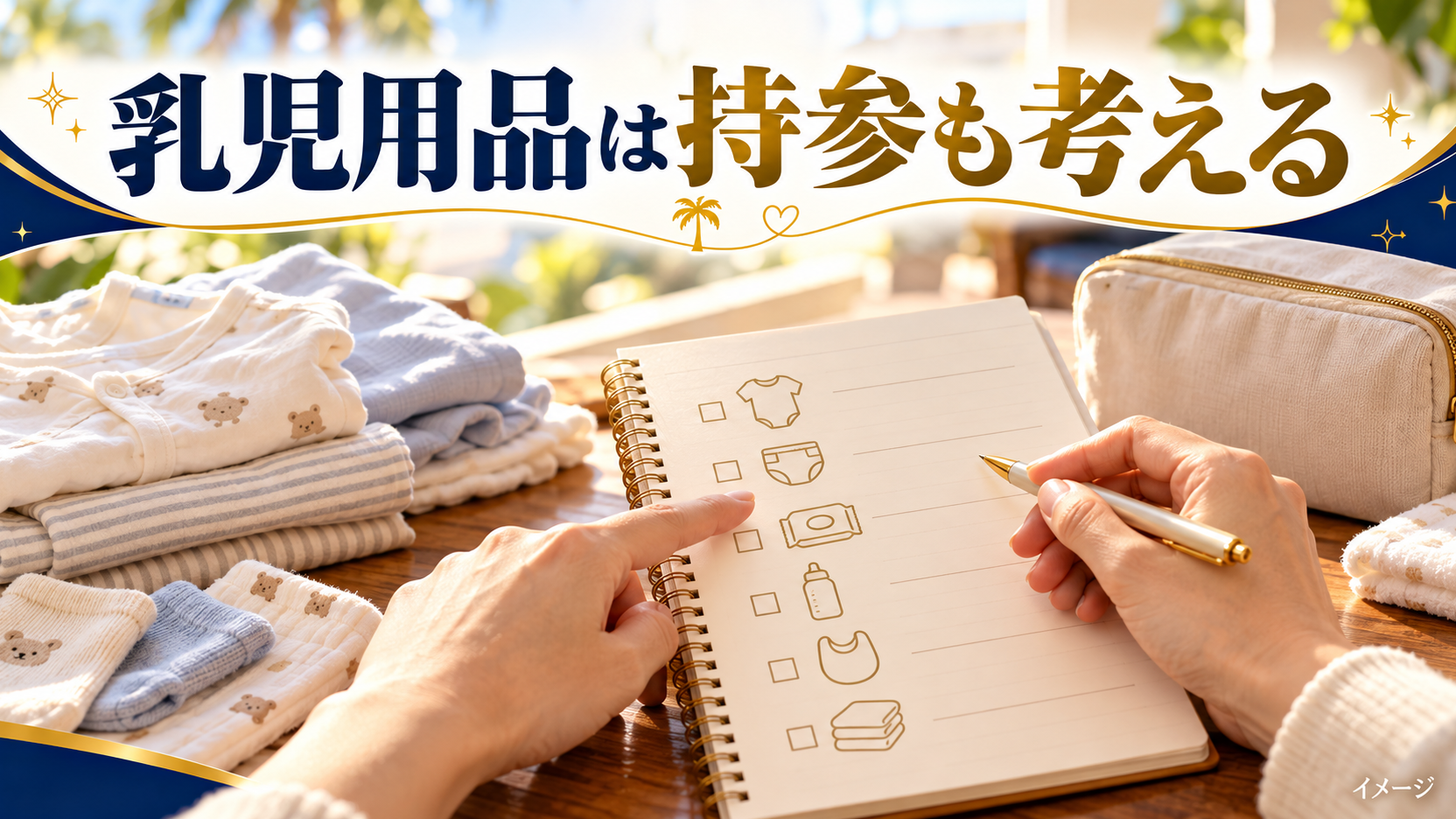 手元のチェックリストと赤ちゃんの衣類とおむつ用ポーチで準備する内容を確認するイメージ