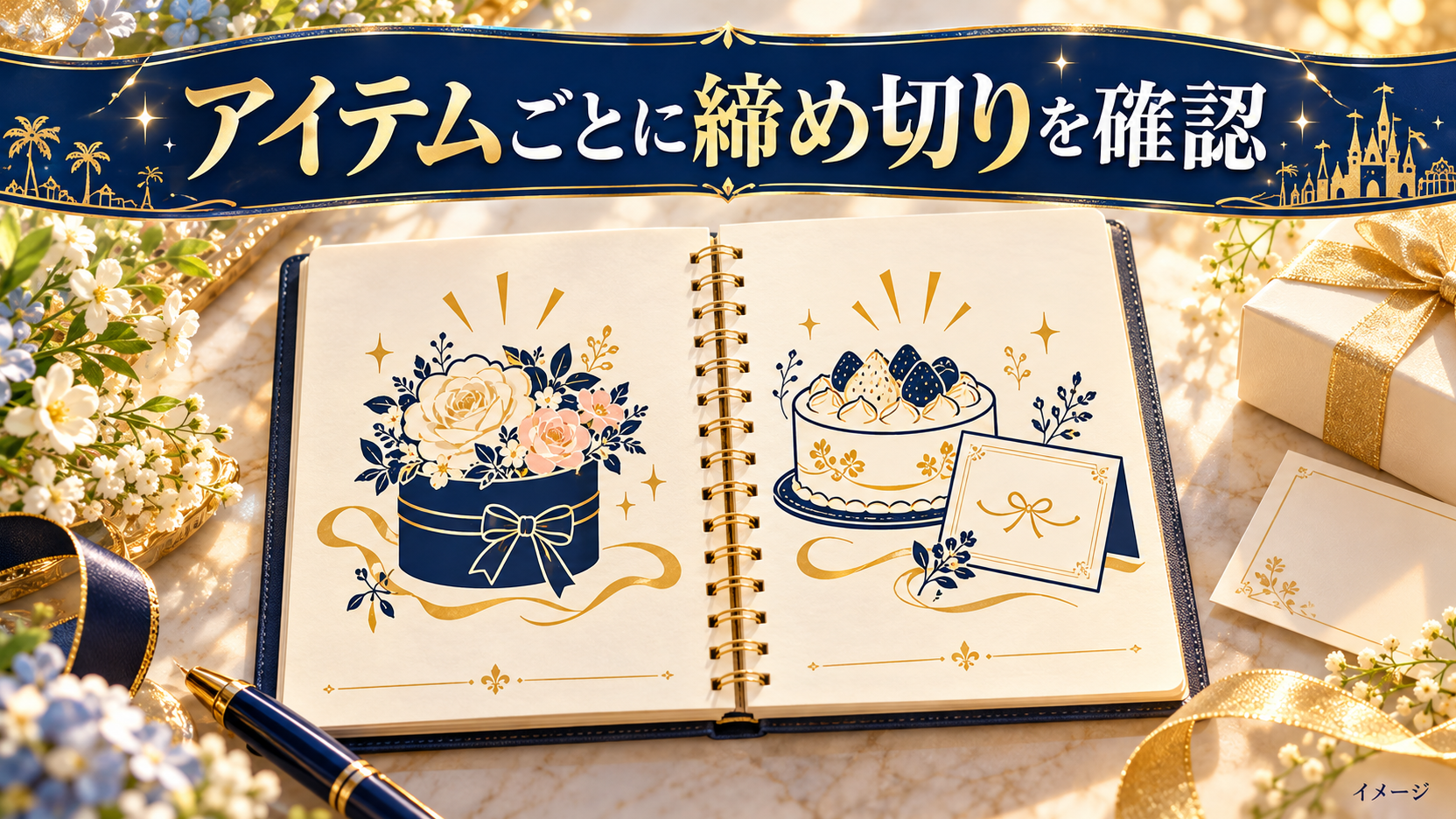 開いたノートと花とお祝いカードで選び方を整理する比較イメージ