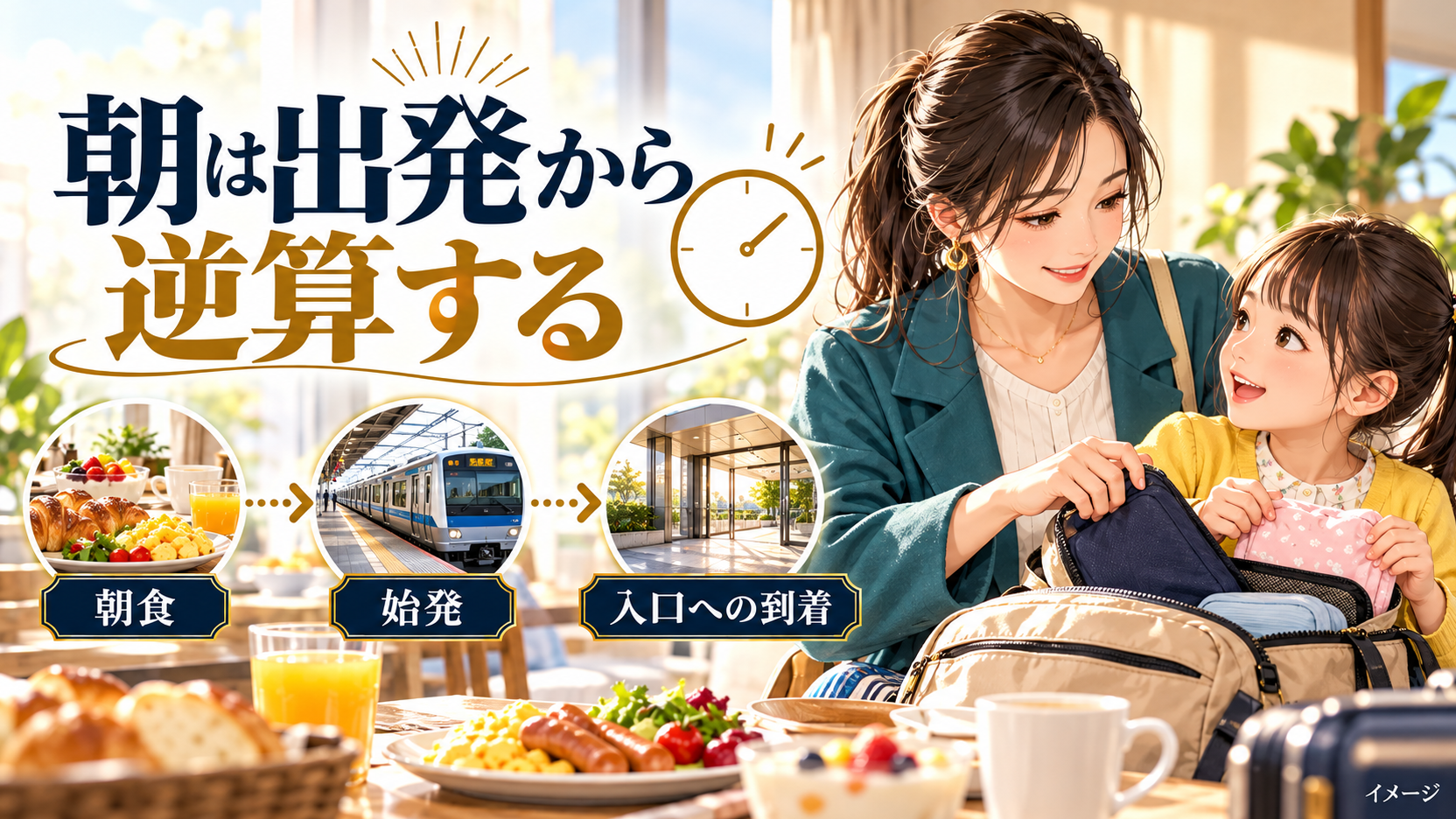朝の支度をする母子と、朝食、始発、入口への到着を逆算する確認項目。