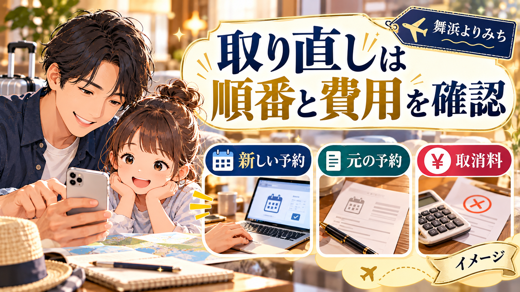 取り直しは順番と費用を確認について、新しい予約・元の予約・取消料を整理した図解
