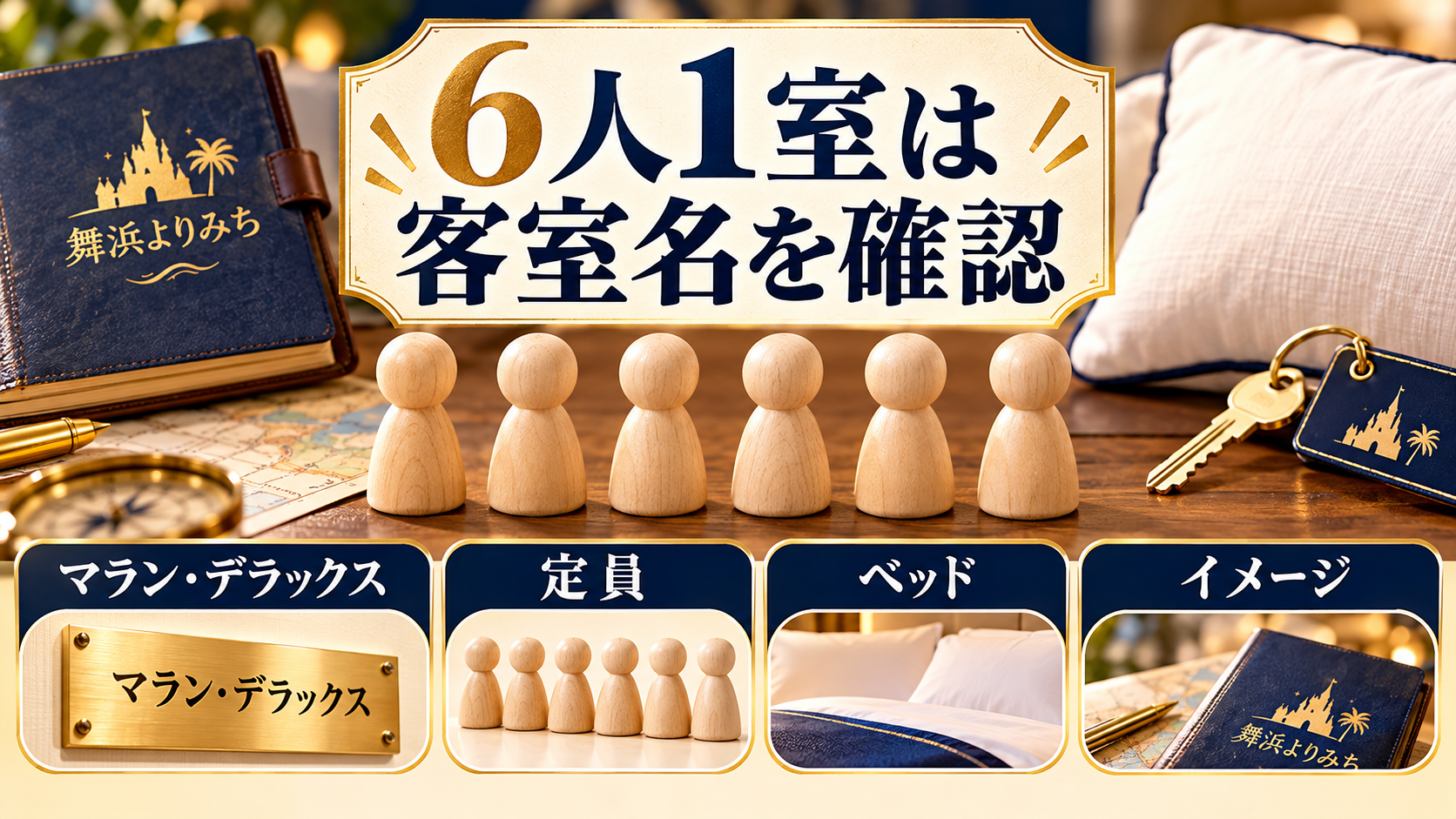 6人1室は客室名を確認について、マラン・デラックス・定員・ベッドを示す図解