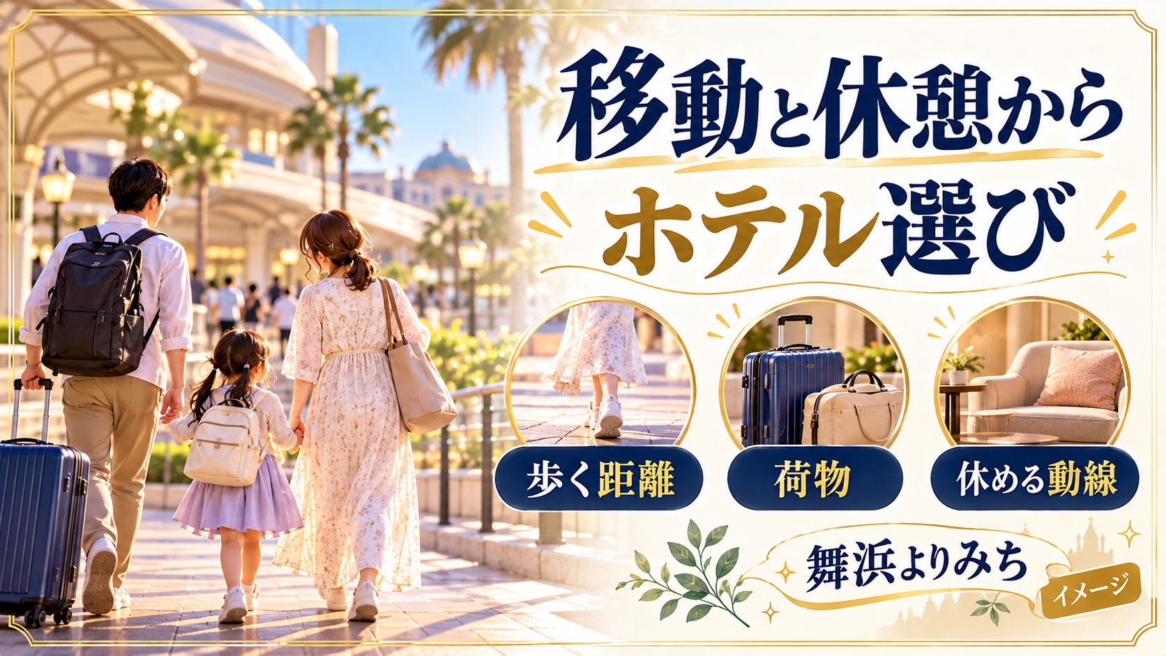 移動と休憩からホテル選びについて、歩く距離・荷物・休める動線を整理した図解