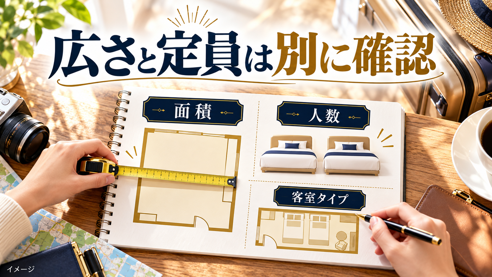 旅行手帳と抽象的な面積図で、広さと人数、客室タイプを別に確認する図解。