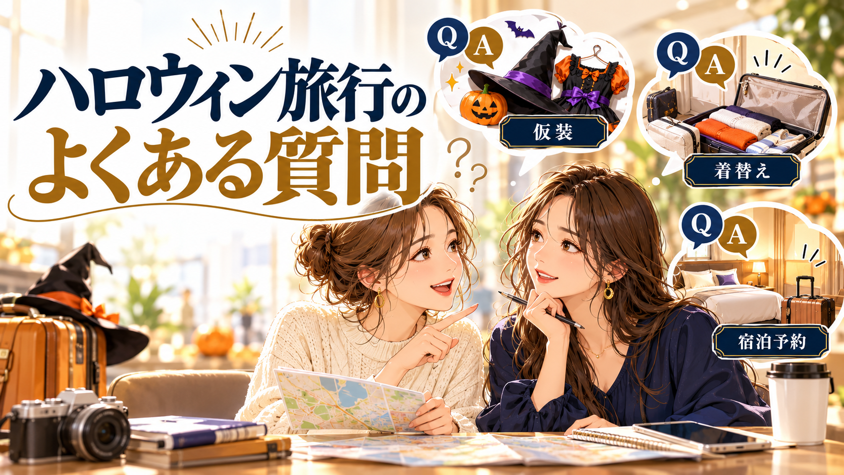 ハロウィン旅行のよくある質問について、仮装・着替え・宿泊予約を旅行用品やイラストで整理した図
