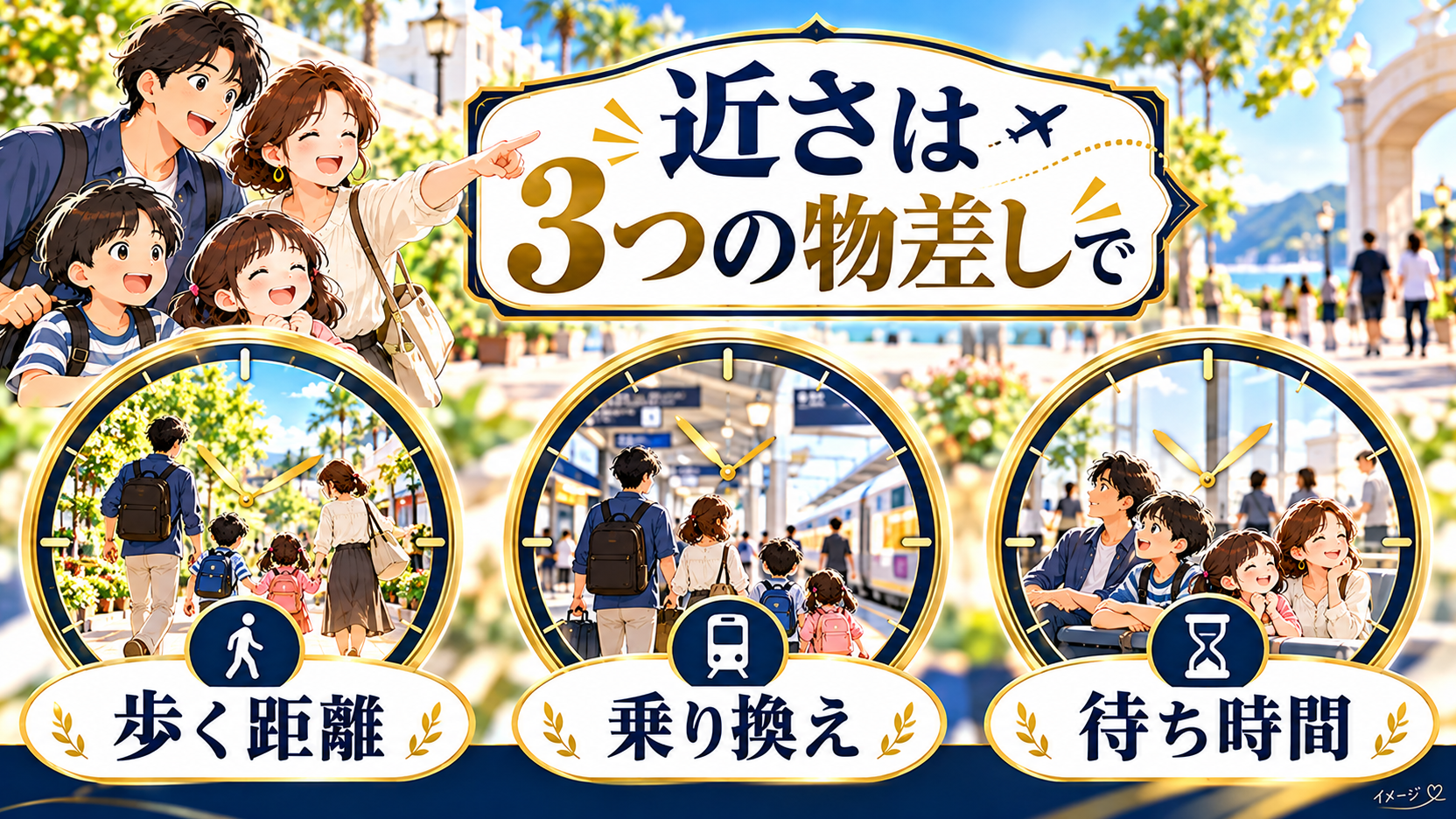 歩く距離、乗り換え、待ち時間を時計の形で示した、ホテルの近さを比べる図解。