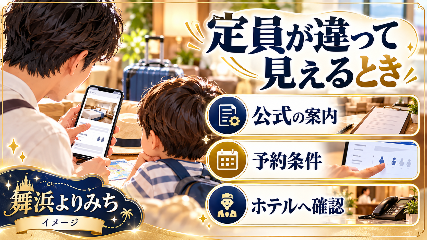 定員が違って見えるときについて、公式の案内・予約条件・ホテルへ確認を整理した図解