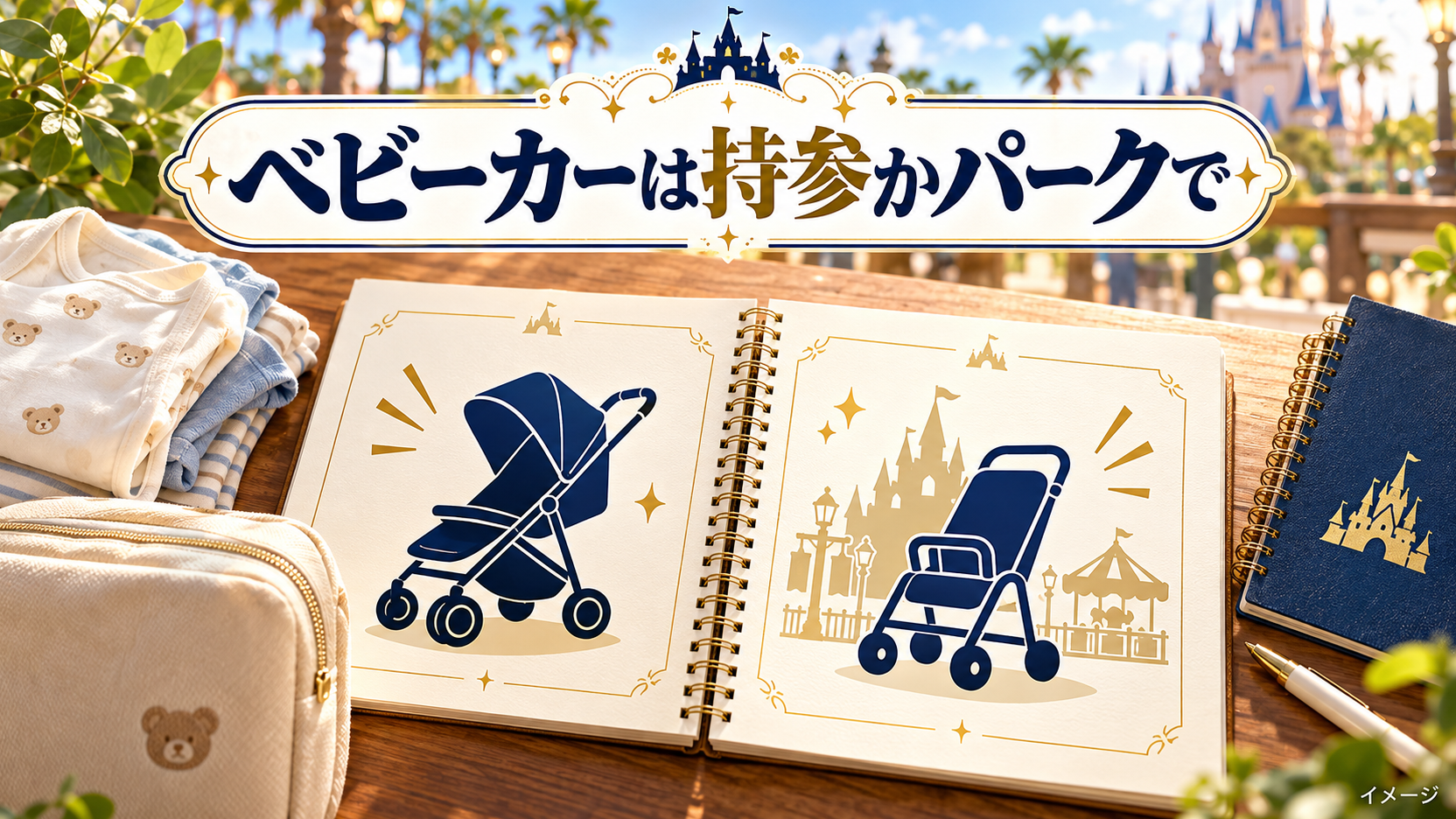 開いたノートと赤ちゃんの衣類とおむつ用ポーチで選び方を整理する比較イメージ