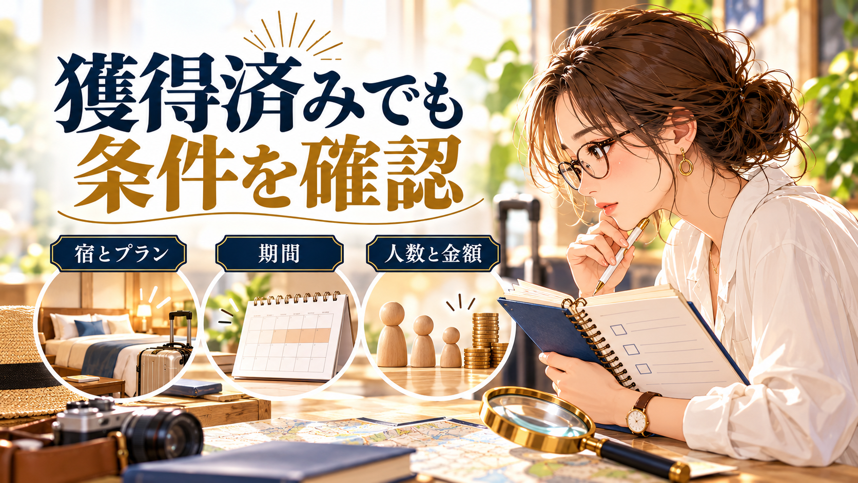 獲得済みでも条件を確認について、宿とプラン・期間・人数と金額を旅行用品やイラストで整理した図