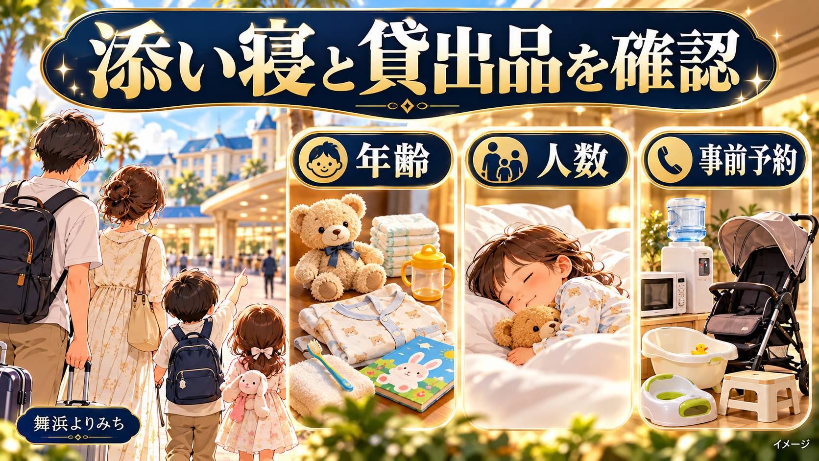 添い寝と貸出品を確認について、年齢・人数・事前予約を示す図解