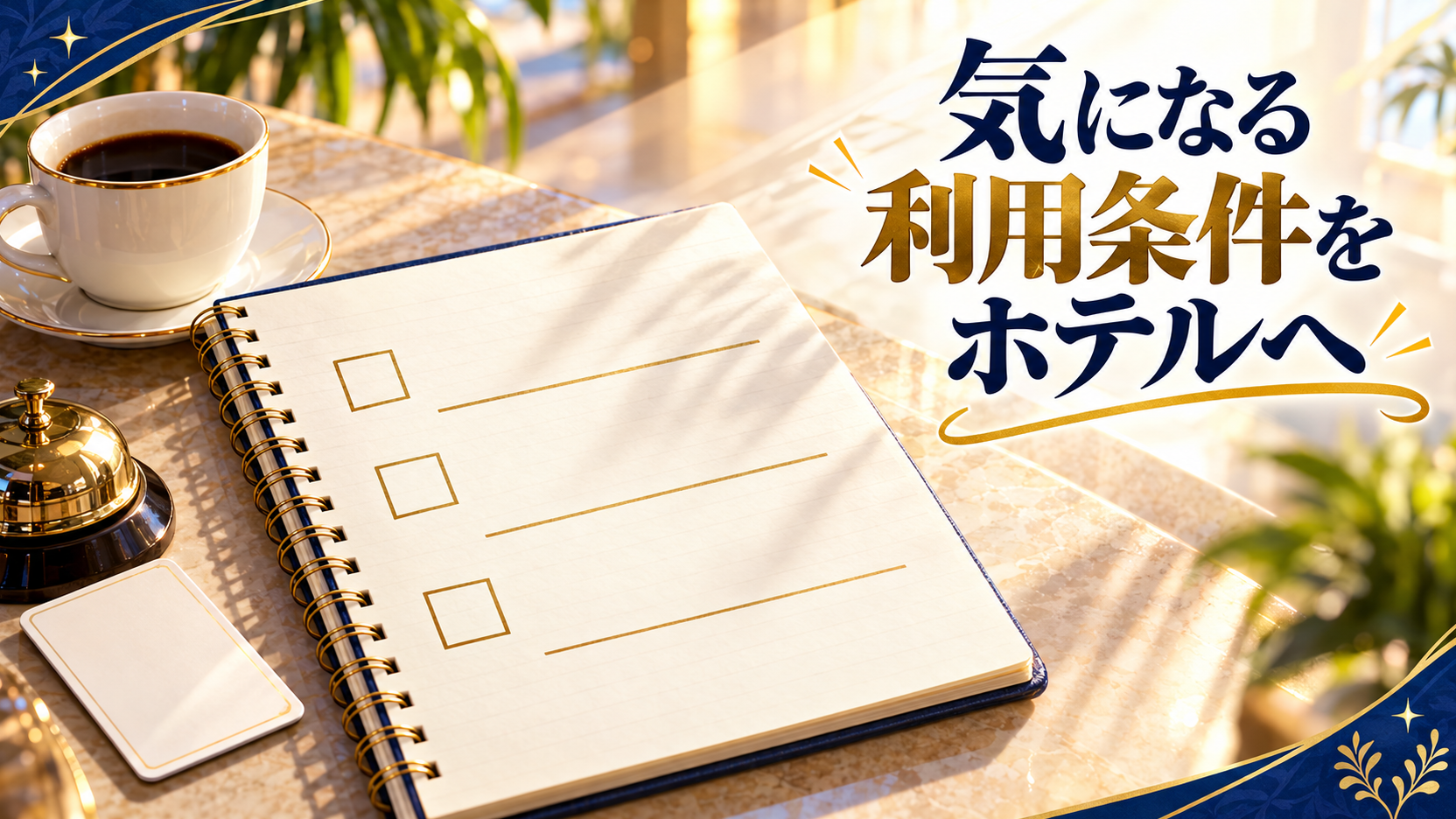 チェック欄のあるノートとカップと手続きを表すカードで事前の確認項目を整理するイメージ