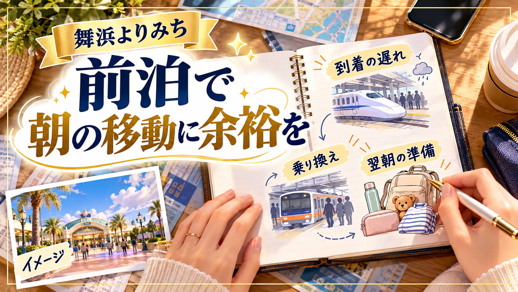 前泊で朝の移動に余裕をについて、到着の遅れ・乗り換え・翌朝の準備を整理した図解