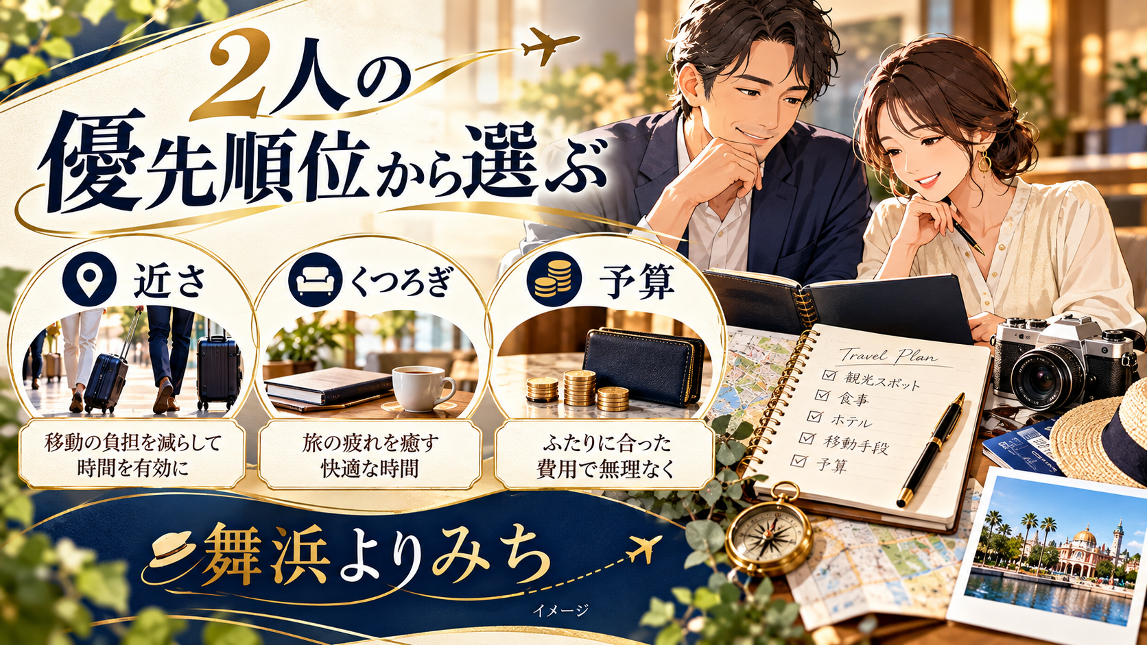 2人の優先順位から選ぶについて、近さ・くつろぎ・予算を示す図解