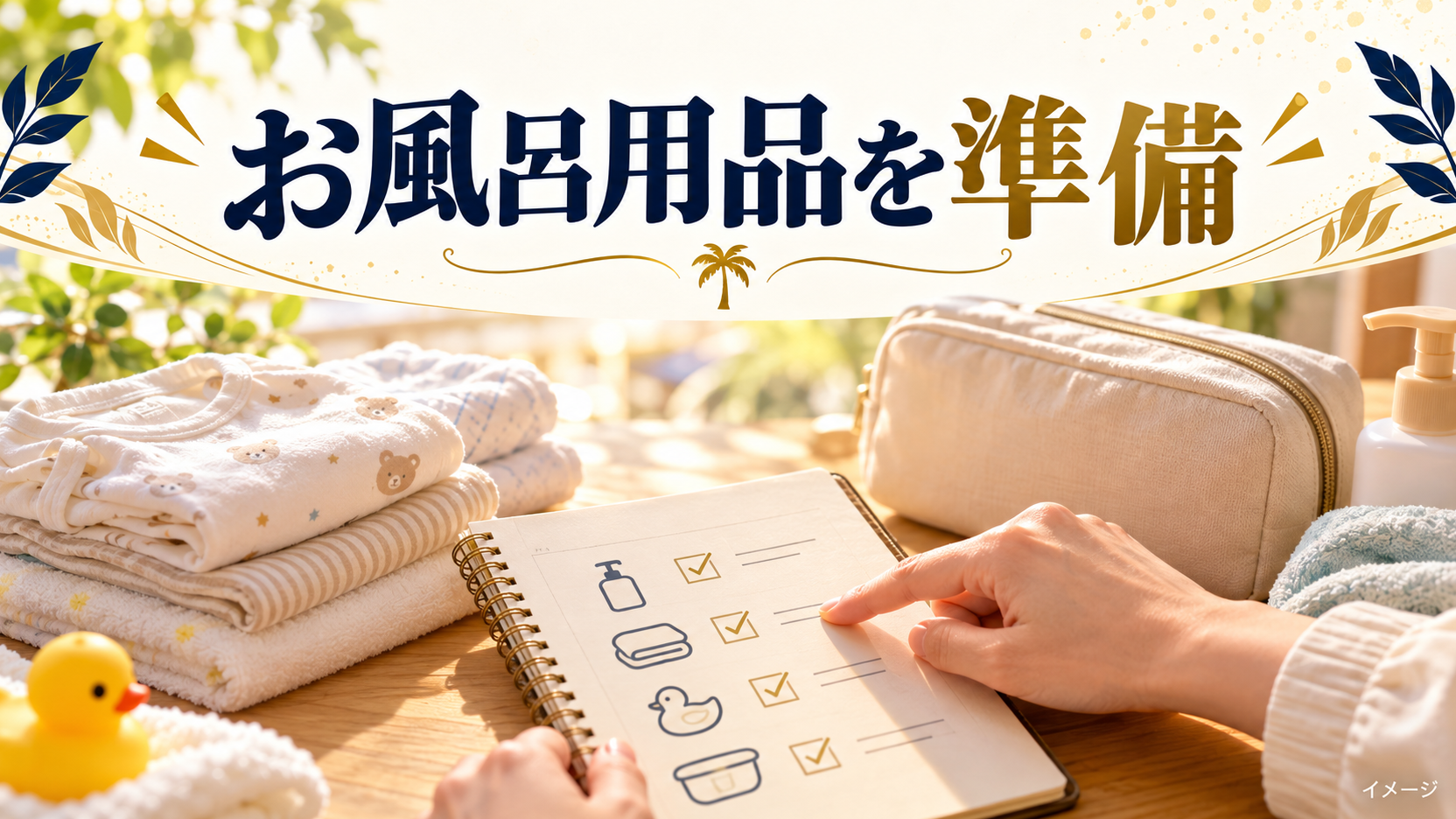 手元のチェックリストと赤ちゃんの衣類とおむつ用ポーチで準備する内容を確認するイメージ